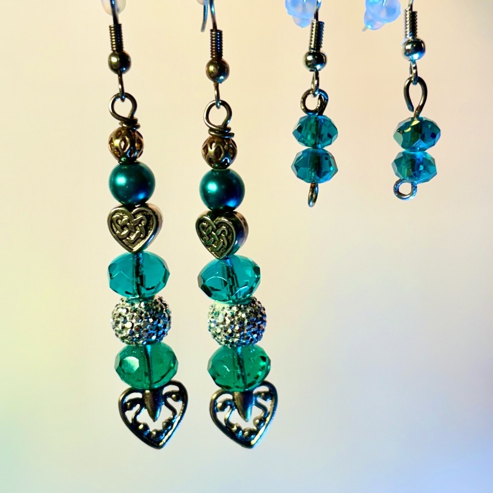 Earrings Pierced Handcrafted Unique Teal Glass Beads Silver & Mini Teal Faceted